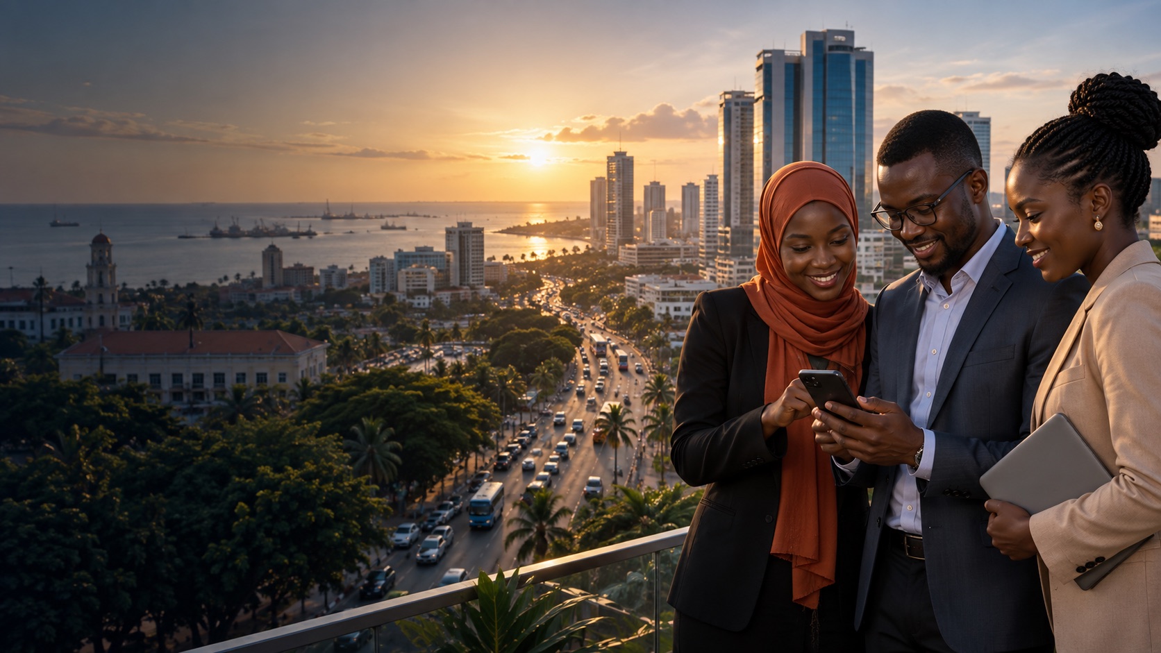African technology professionals overlooking Dar es Salaam